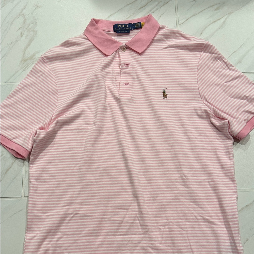 Polo Ralph Lauren Light Pink Classic Fit Striped Mesh Short Sleeve Polo Shirt
